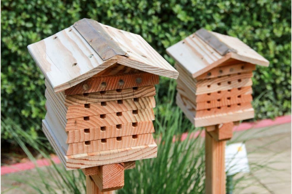 drewniane domki dla owadów z małymi dziurami postawione na drewnianych nóżkach w ogrodzie