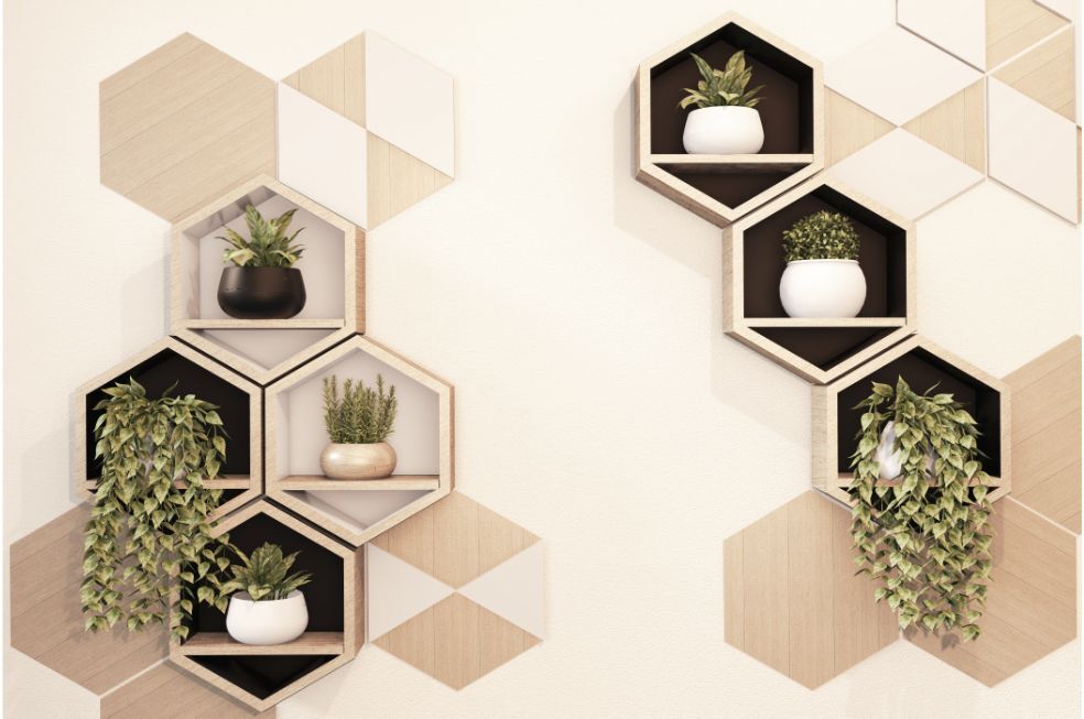 geometryczne półki ścienne na beżowej ścianie z kwiatkami w doniczkach