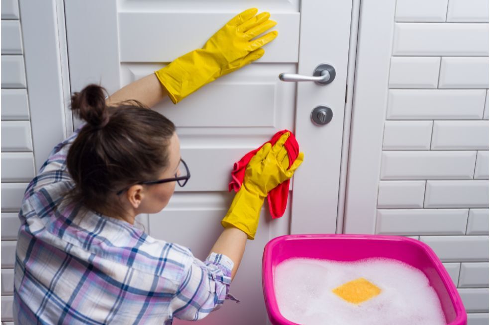 kobieta myjąca szmatką białe drzwi wewnętrzne