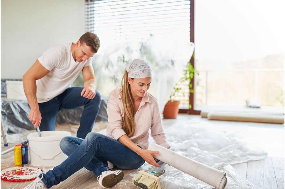 mężczyzna z kobietą w czasie remontu mieszkania rozkładają tapetę na podłodze