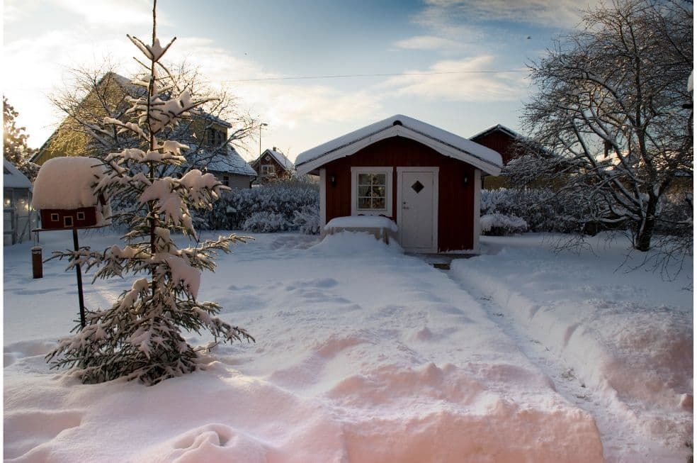 mały domek i choinka zasypane grubą warstwą białego śniegu