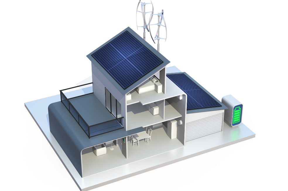 wizualizacja energooszczędnego domu z fotowoltaiką na dachu i generatorem prądu w ogrodzie