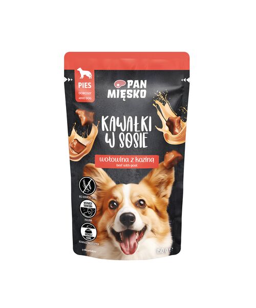 Karma mokra dla psa kawałki w sosie wołowina z koziną 150 g Pan Mięsko