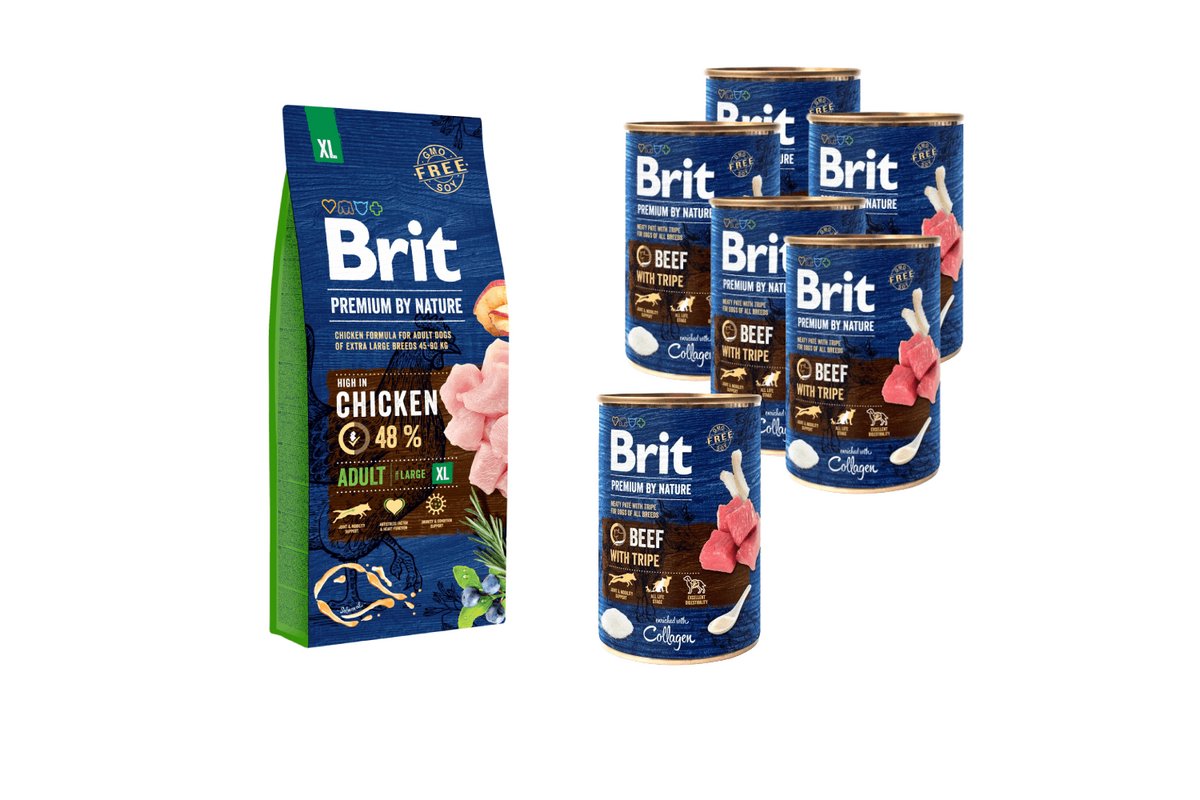 Karma dla psa Adult XL 15 kg + karma mokra Beef & Tripe 6x400 g Brit Premium by Nature