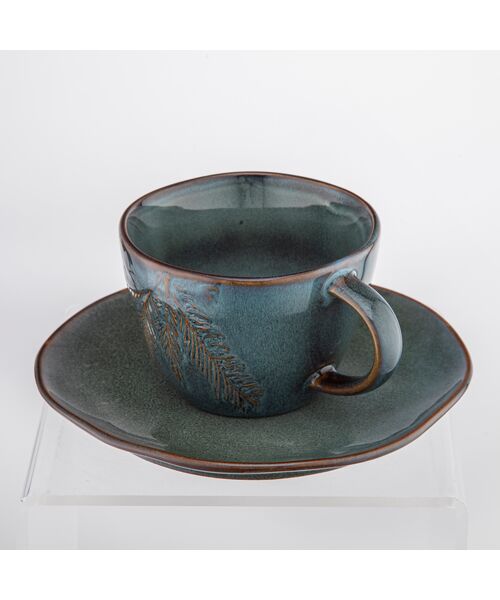 Filiżanka ze spodkiem ceramiczna 220 ml zielono-brązowa