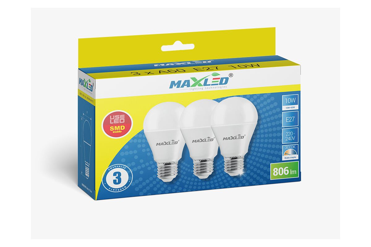 Żarówki LED E27 10W=60W 806lm Max-Led trójpak
