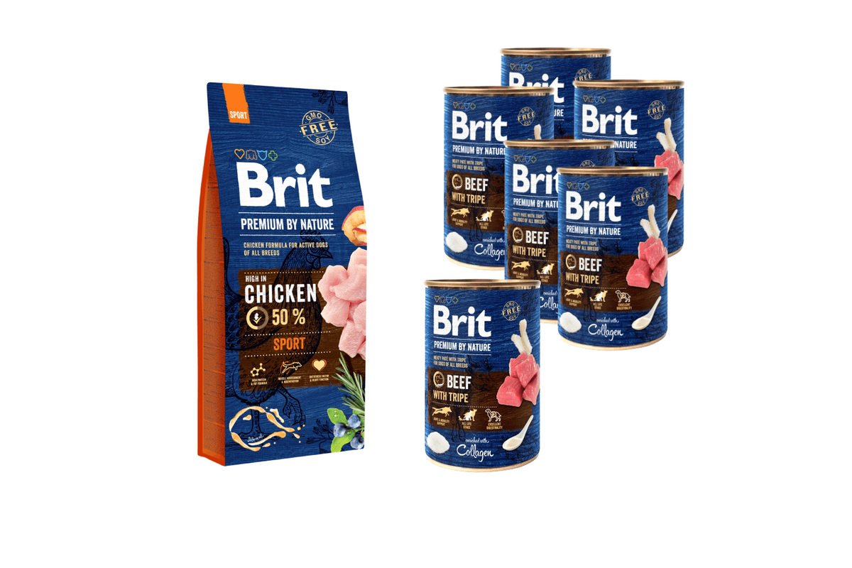 Karma dla psa Adult SPORT 15 kg + karma mokra Beef & Tripe 6x400 g Brit Premium by Nature