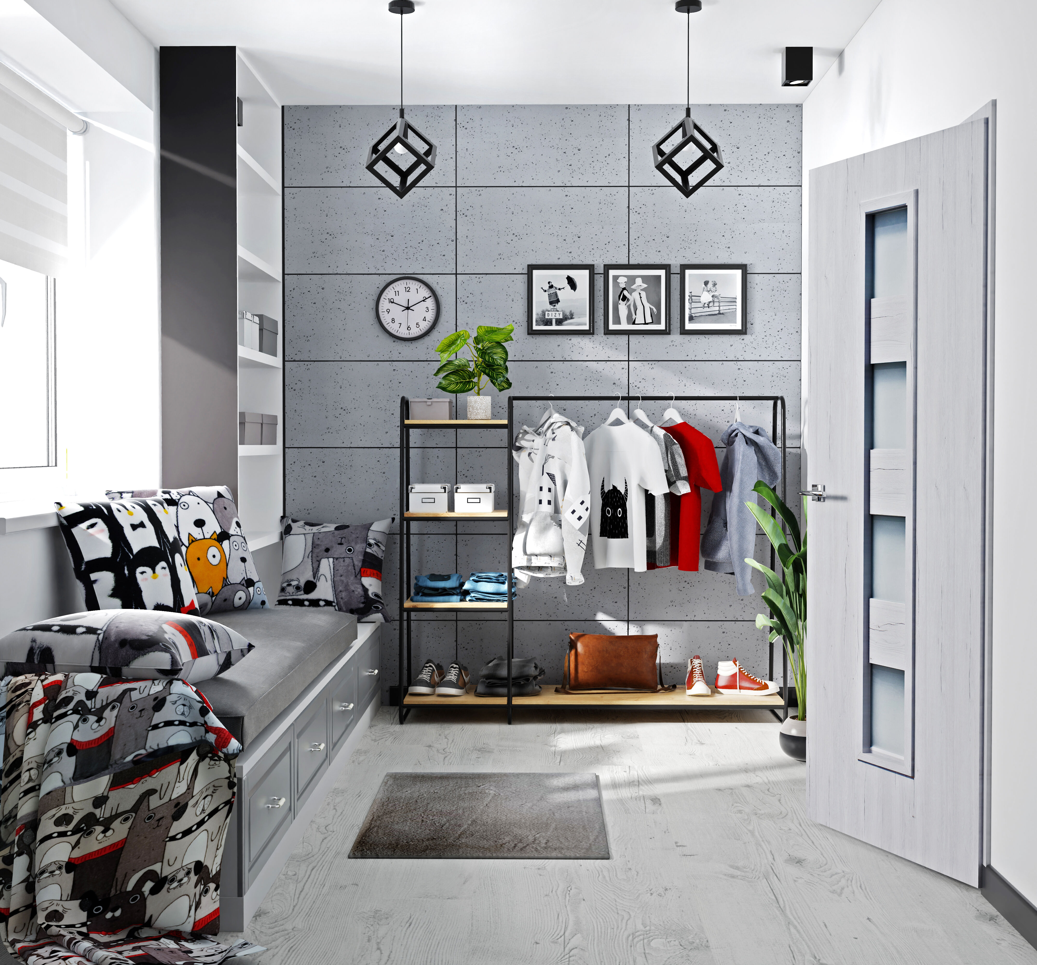 regał z wieszakiem w pokoju