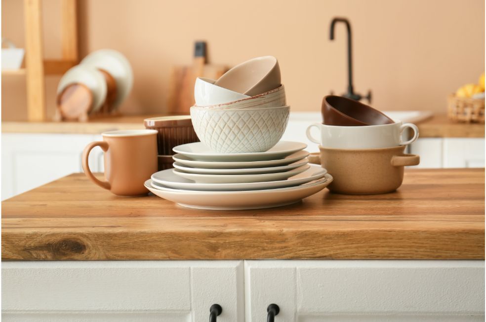 naczynia kuchenne w jasnych kolorach na drewnianym blacie kuchennym