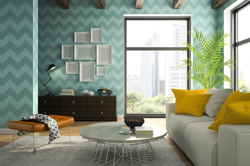 nowoczesny salon z zieloną tapetą na ścianie we wzory
