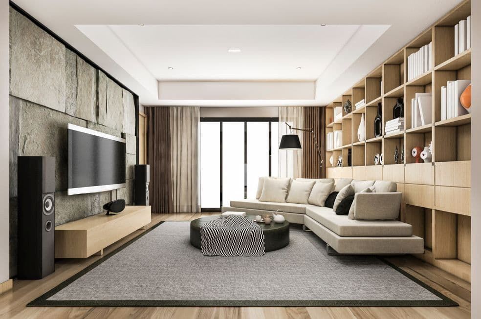 nowoczesny salon w kolorach beżu, z drewnianymi meblami w jasnym kolorze i kamieniem na ścianie