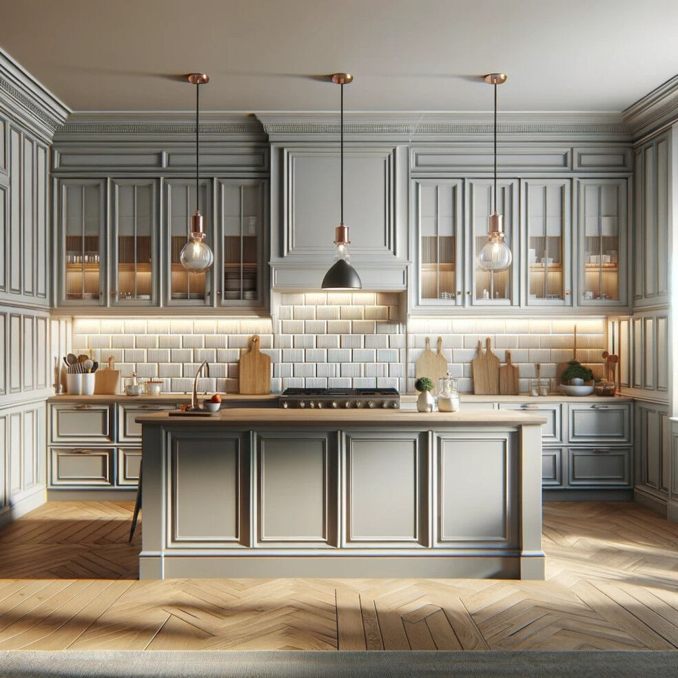 wykorzystanie boazerii angielskiej jako dekoracji nad blatem kuchennym