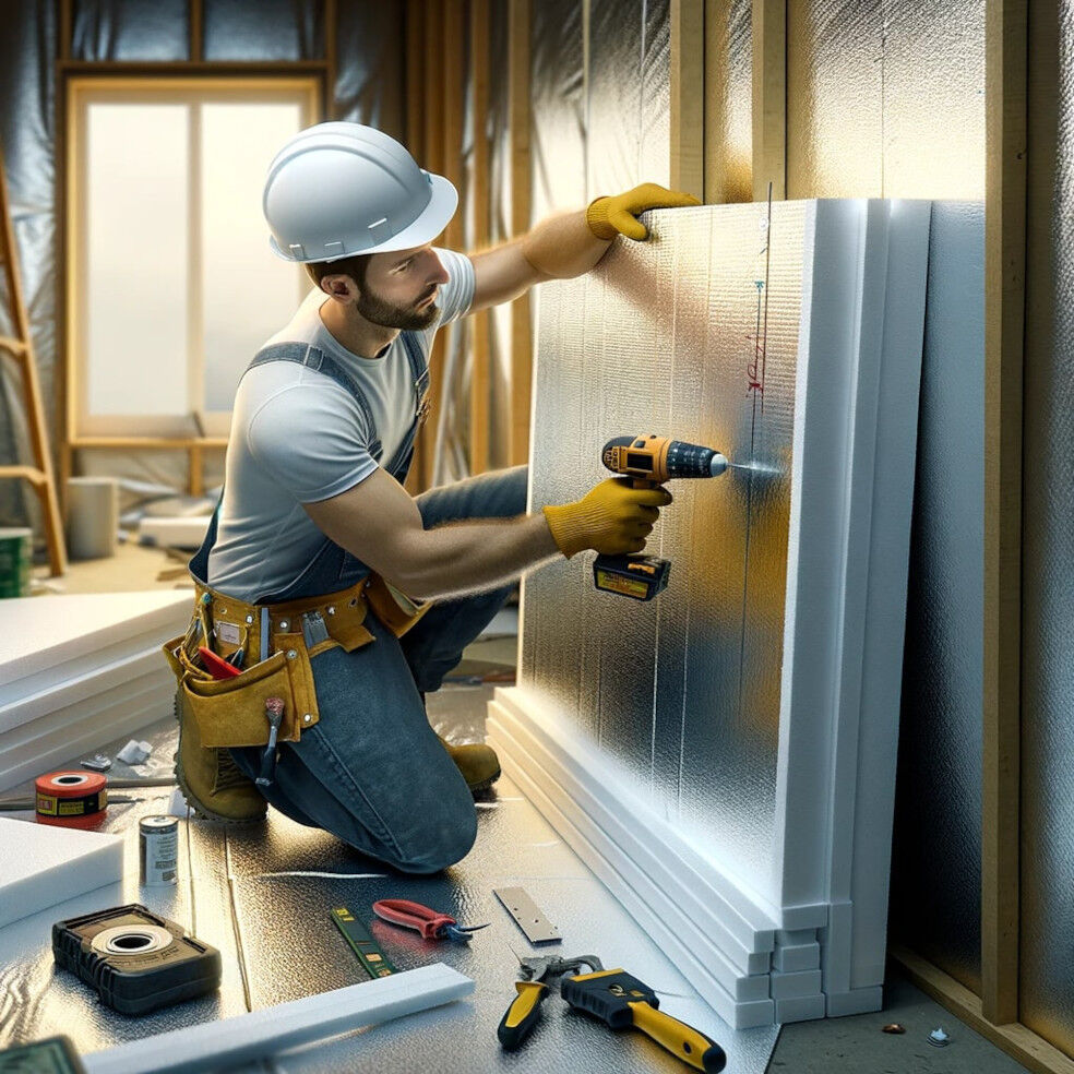 mężczyzna montujący styropian do ściany