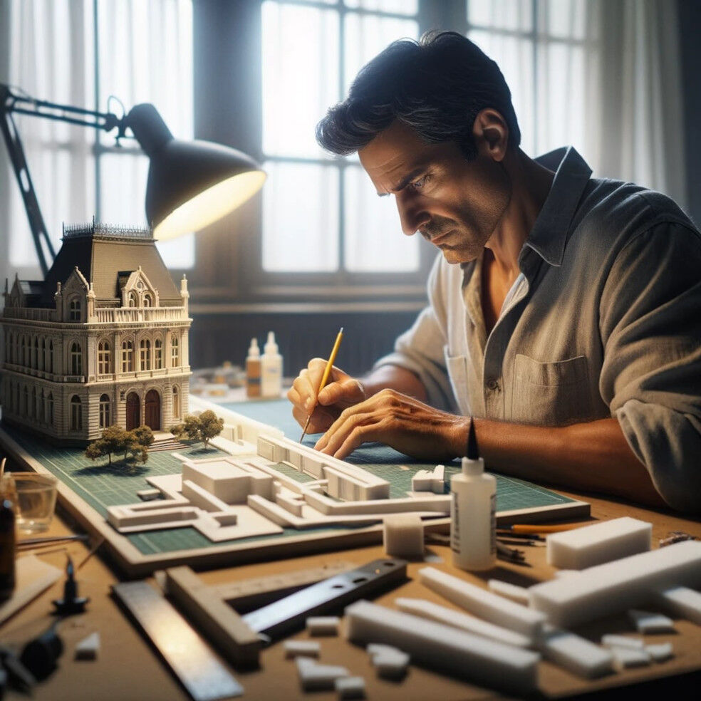 mężczyzna składający model ze styropianu