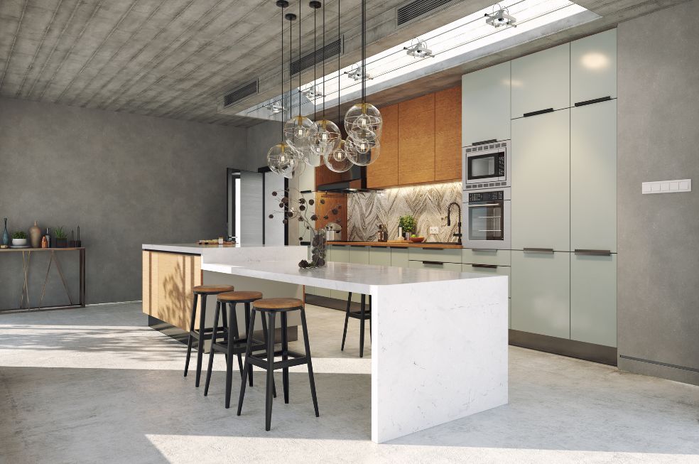 nowoczesna kuchnia z betonem, drewnem i szklanymi elementami