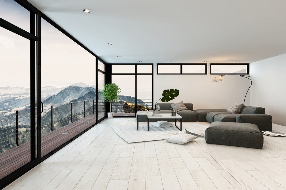 nowoczesny salon wykończony podłogą z bielonych paneli