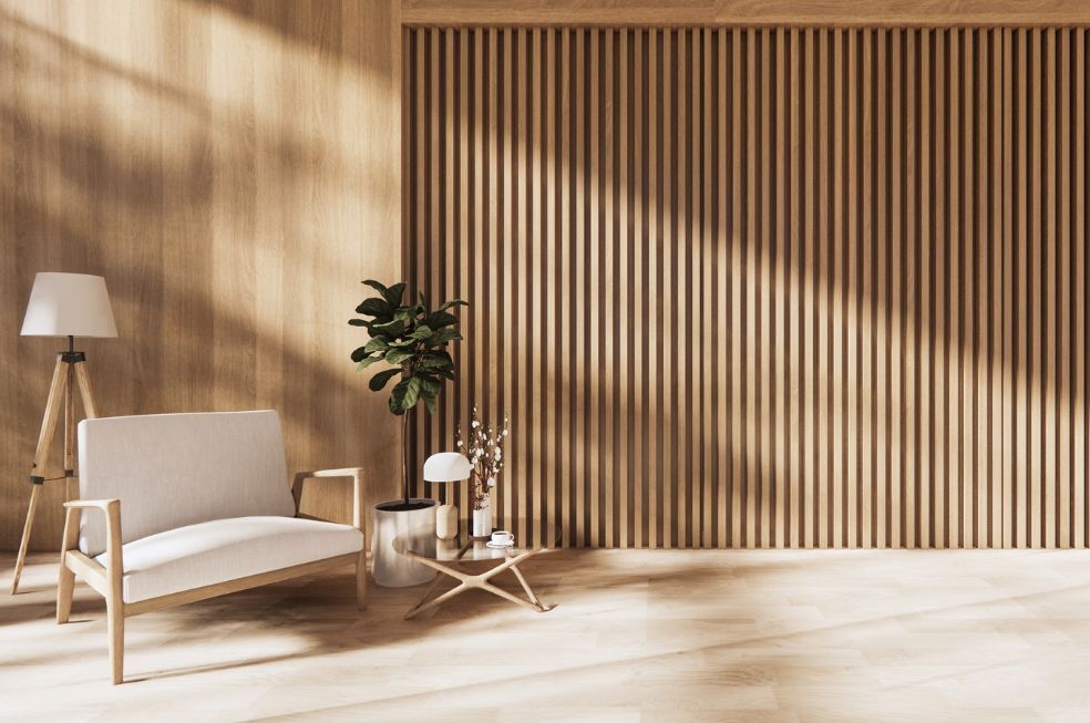 wykorzystanie desek jako dekoracja ścienna w nowoczesnym pokoju