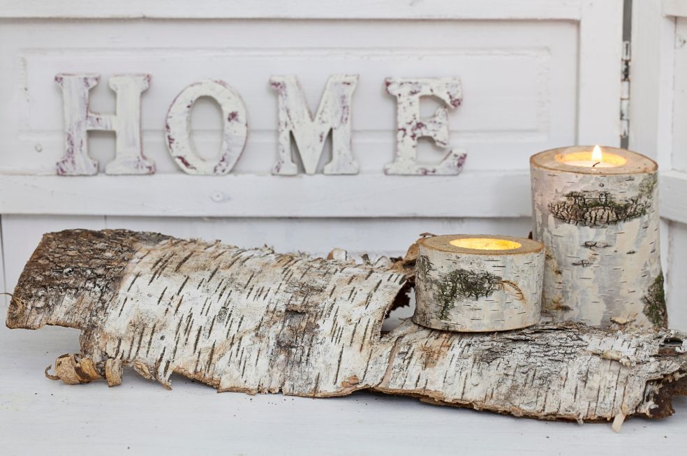 dekoracja z kory brzozy na świeczki w domu