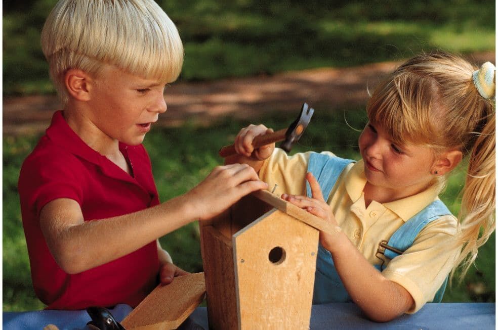dzieci budujące domek dla ptaków