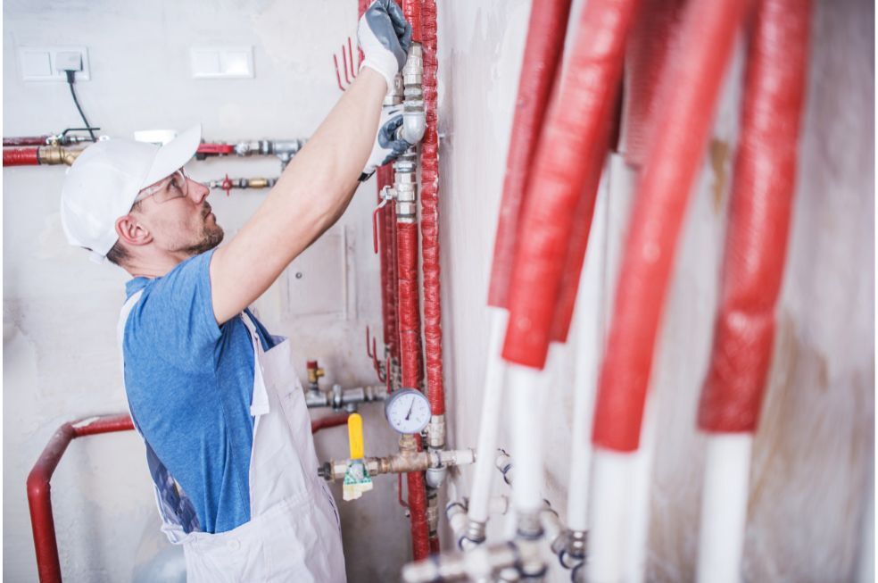 mężczyzna pracujący przy rurach grzewczych