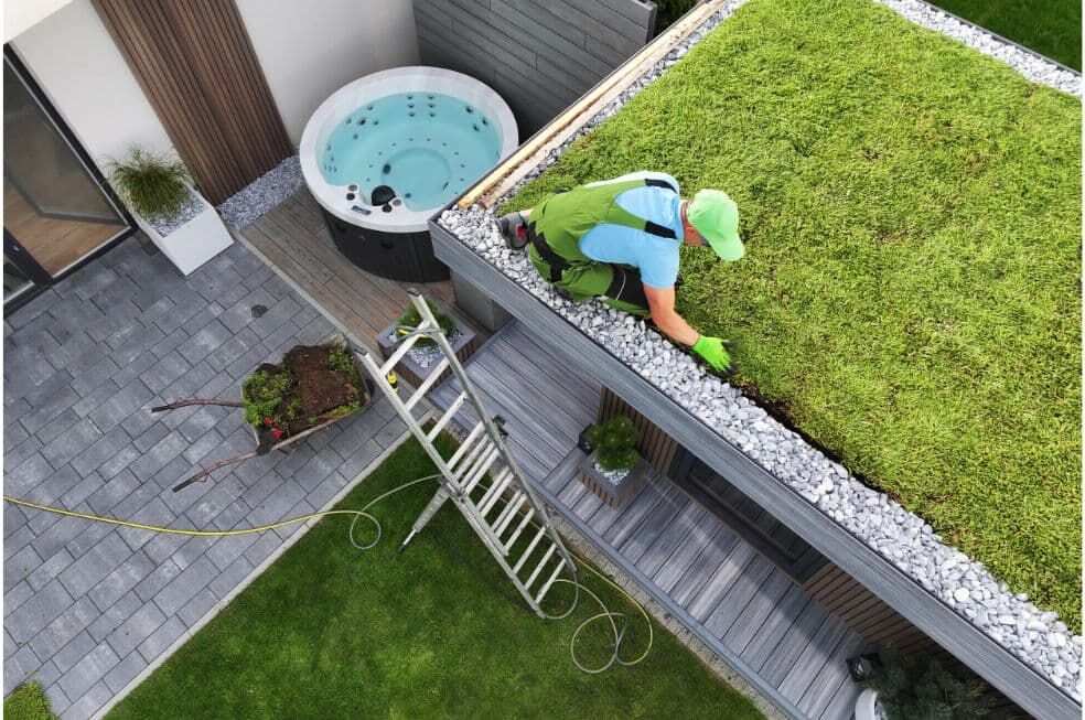 ogrodnik zakładający trawę z rolki na dach tarasu