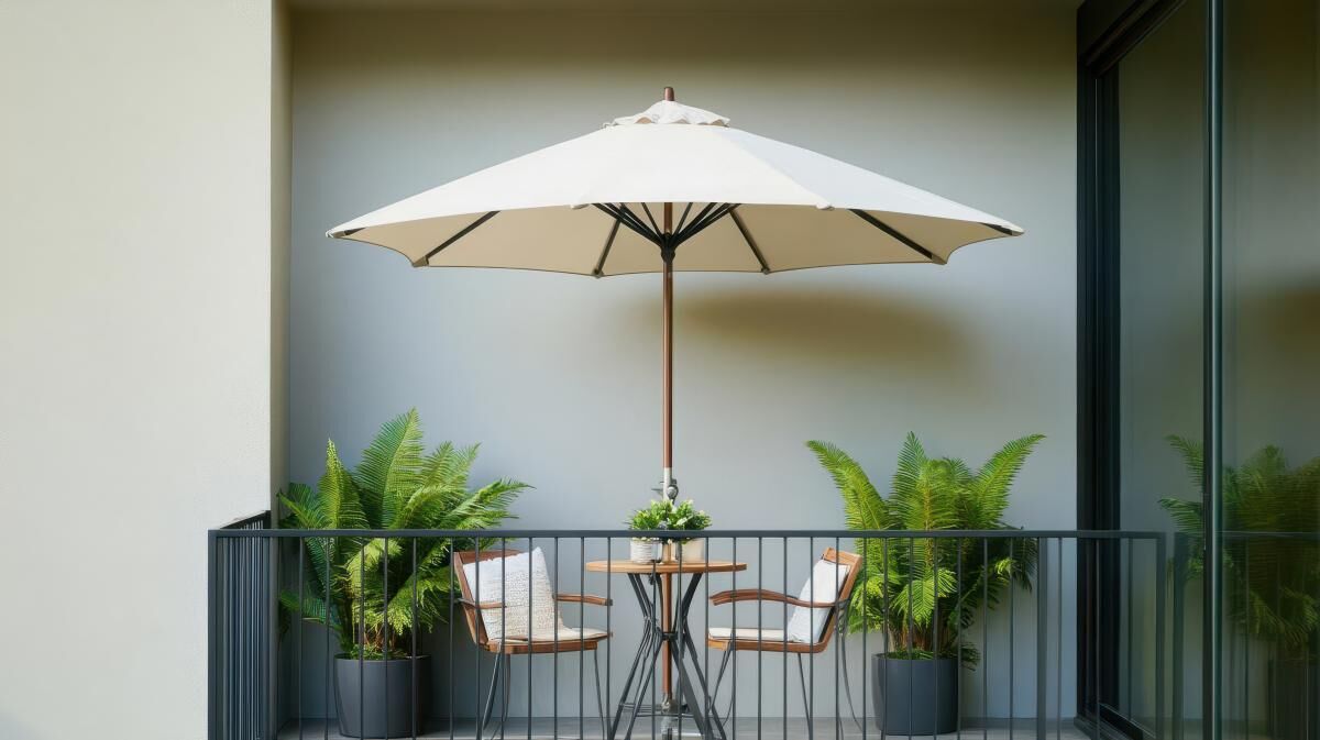 Balkon w bloku - aranżacja z parasolem