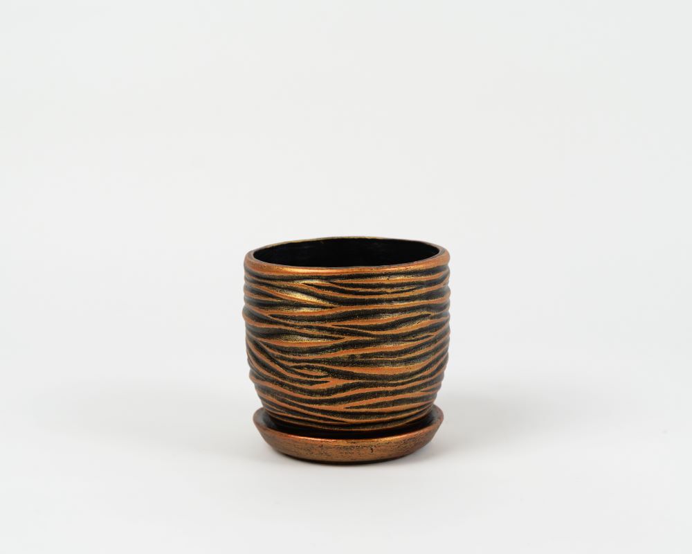 Doniczka ceramiczna Fala z podstawkiem 19 cm miedziano-złoty