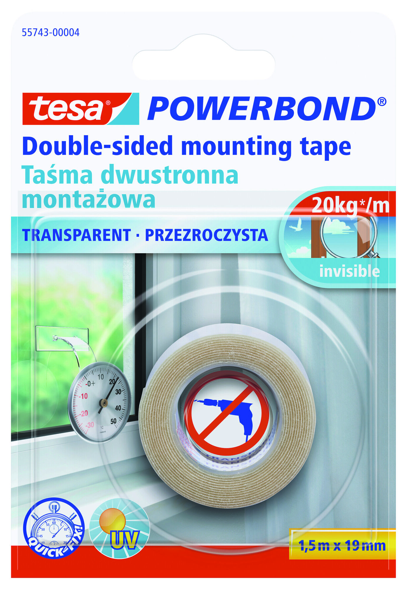 Taśma montażowa POWERBOND przezroczysta, 1,5 m x 19 mm, tesa
