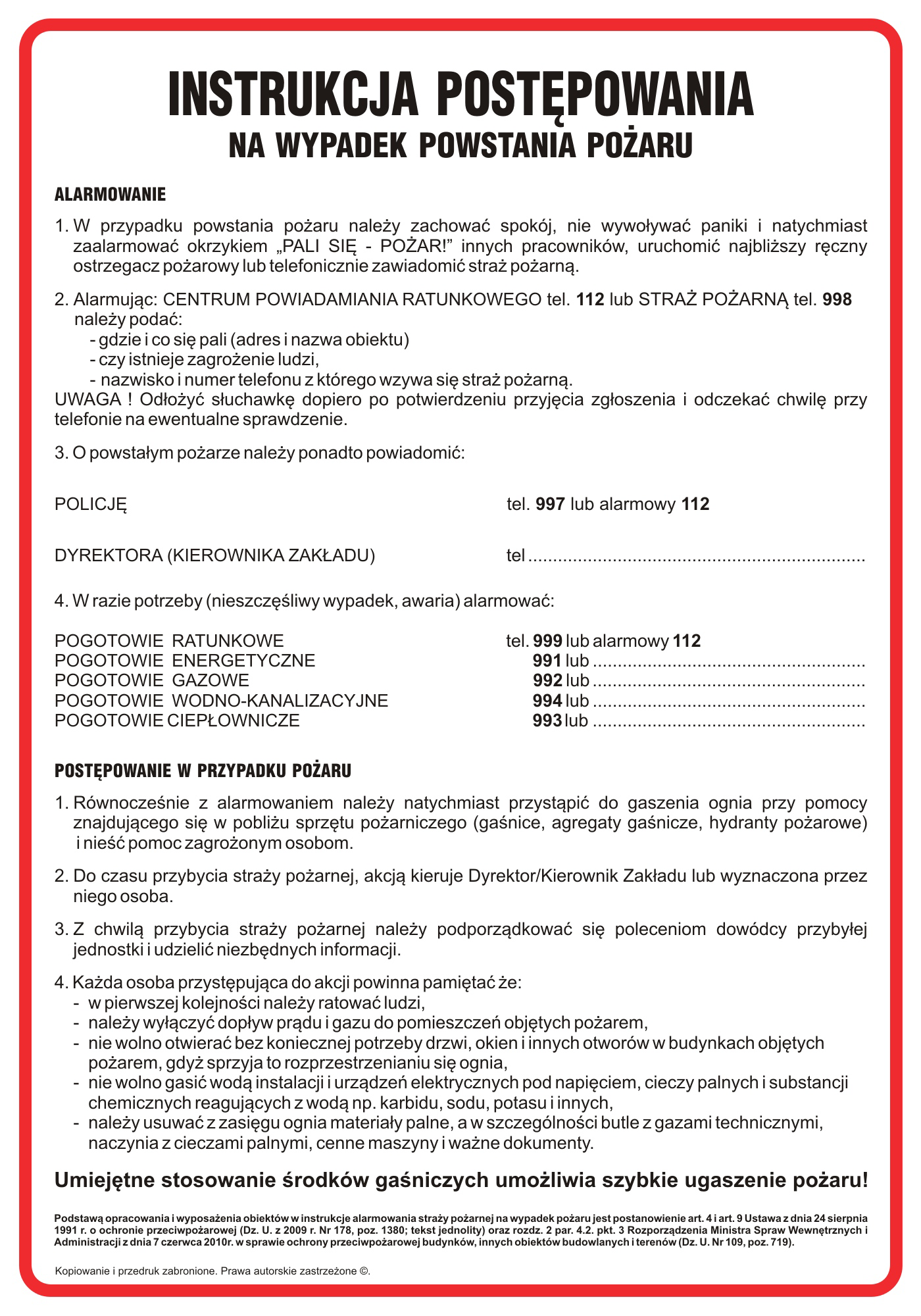 Oznaczenie "Instrukcja postępowania w przypadku powstania pożaru" 24,5 x 35