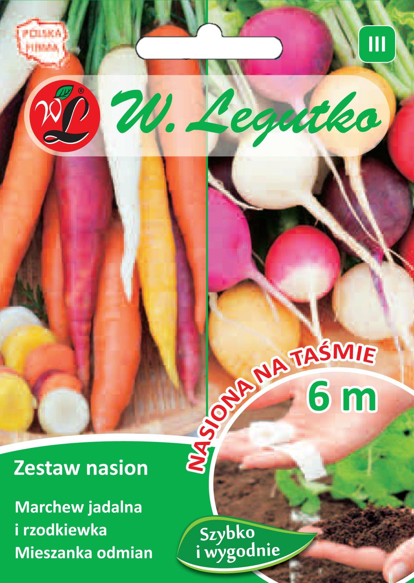 Nasiona na taśmie - zestaw: marchew jadalna wielobarwna i rzodkiewka wielobarwna o zgrubieniach kulistych W.Legutko