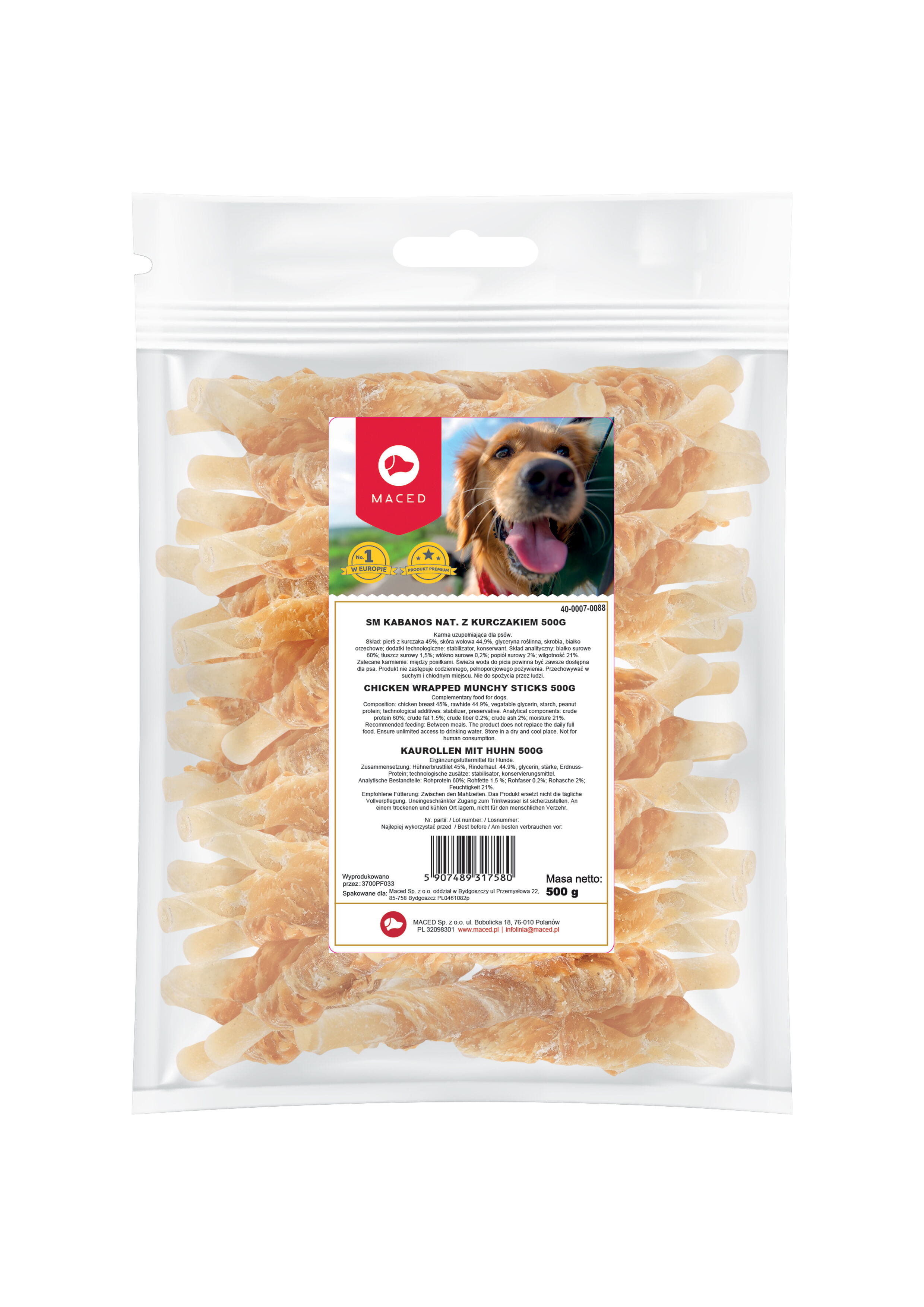 Karma uzupełniająca dla psów kabanos naturalny z kurczakiem 500 g Maced