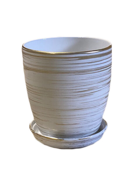Doniczka Classic wysoka 19 cm ceramiczna biało-złota z podstawką