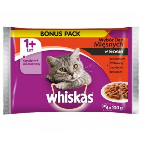Karma pełnoporcjowa mokra dla kota bonus 10% mięsna sos 4 x 100 g Whiskas