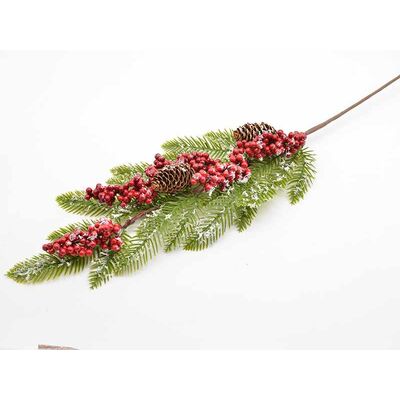 Gałązka ozdobna z oszronioną jarzębiną i szyszkami 80 cm