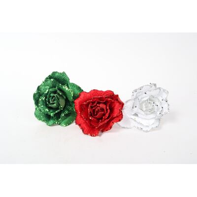 Róża na piku z klipsem 19 cm czerwony / zielony / biały