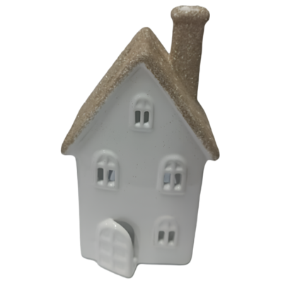 Ceramiczny domek z brokatowym dachem i kominem 20,5 cm biało-złoty