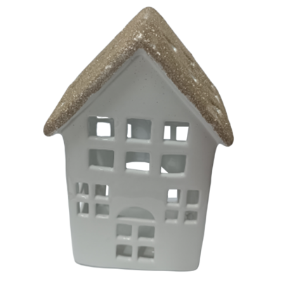 Ceramiczny domek z brokatowym dachem 21 cm biało-złoty