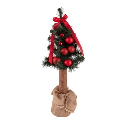 Choinka dekorowana na pniu z czerwoną kokardą 70 cm