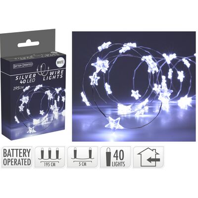 Drut srebrny z gwiazdkami 40 LED zimny biały 195 cm