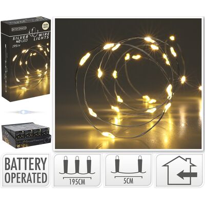 Drut srebrny 40 LED ciepły biały 195 cm