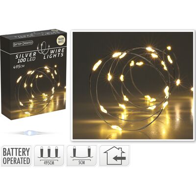 Drut srebrny z gwiazdkami 100 LED ciepły biały 495 cm