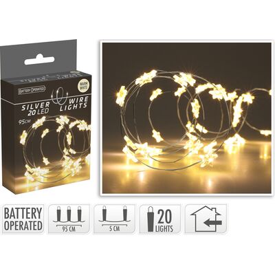 Drut srebrny z gwiazdkami 20 LED ciepły biały 95 cm