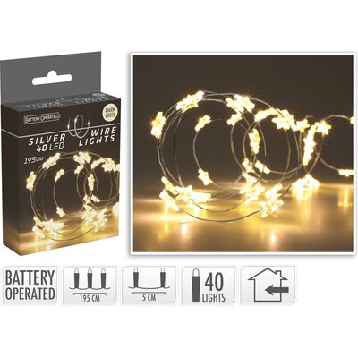 Drut srebrny z gwiazdkami 40 LED ciepły biały 195 cm