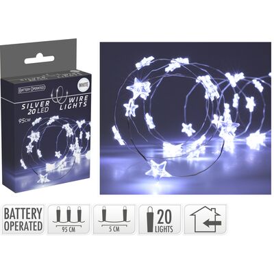 Drut srebrny z gwiazdkami 20 LED zimny biały 95 cm