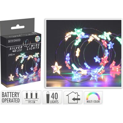 Drut srebrny z gwiazdkami 40 LED 195 cm multikolor