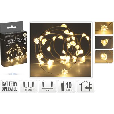 Drut srebrny z dekorem 40 LED zimny biały 195 cm mix wzorów