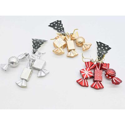 Zawieszka plastikowa cukierki 9 cm 3 sztuki czerwony / złoty / srebrny
