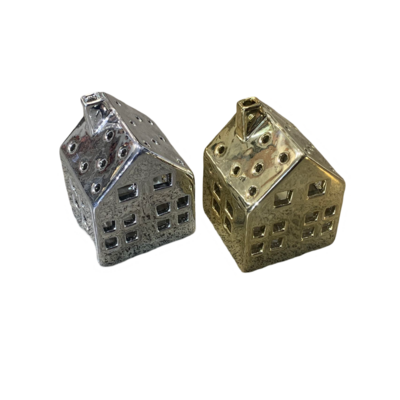 Domek ceramiczny 7 x 7 x 10 cm srebrny / złoty