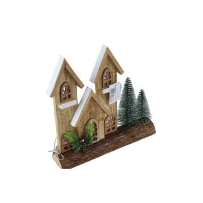 Figurka drewniana LED domek z drzewami 30 x 30 cm