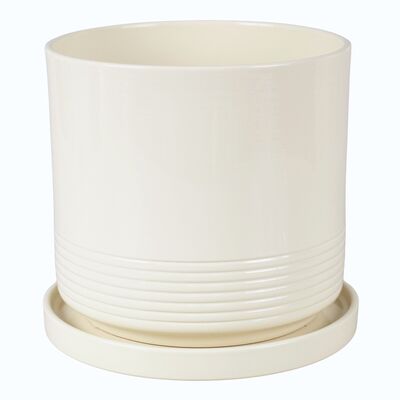 Doniczka cylinder Rille 17 cm + podstawka kremowy